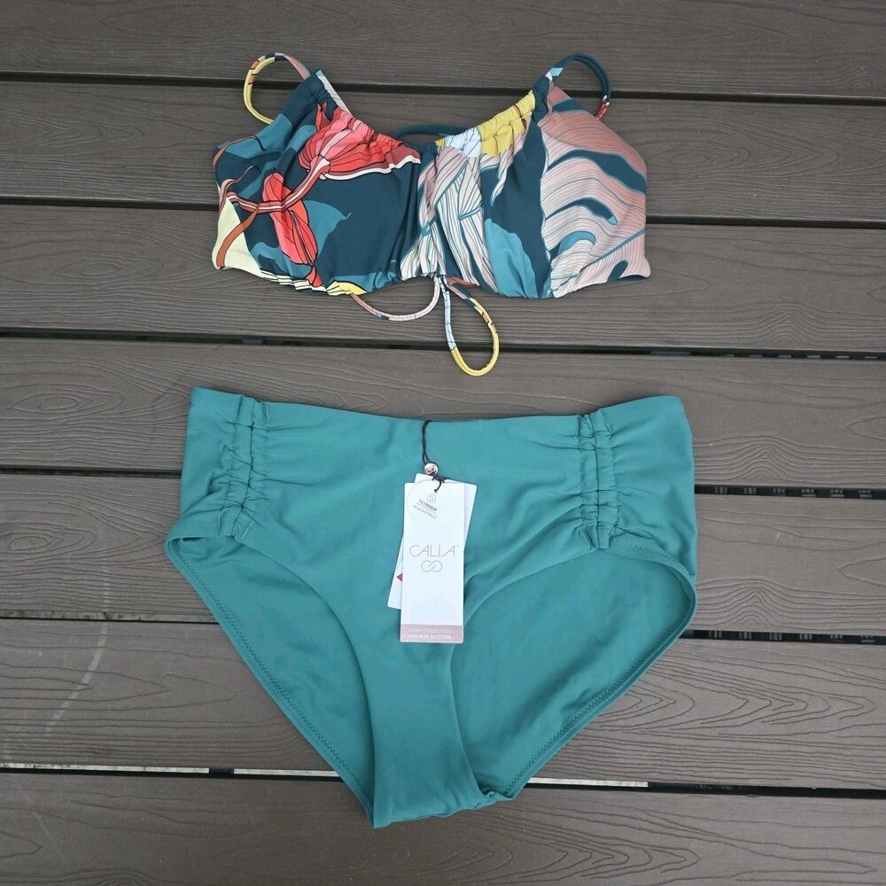 CALIA Women's Botanical Scrunched Tieback Top  &  Adjustable Tie Bikini Sz S New